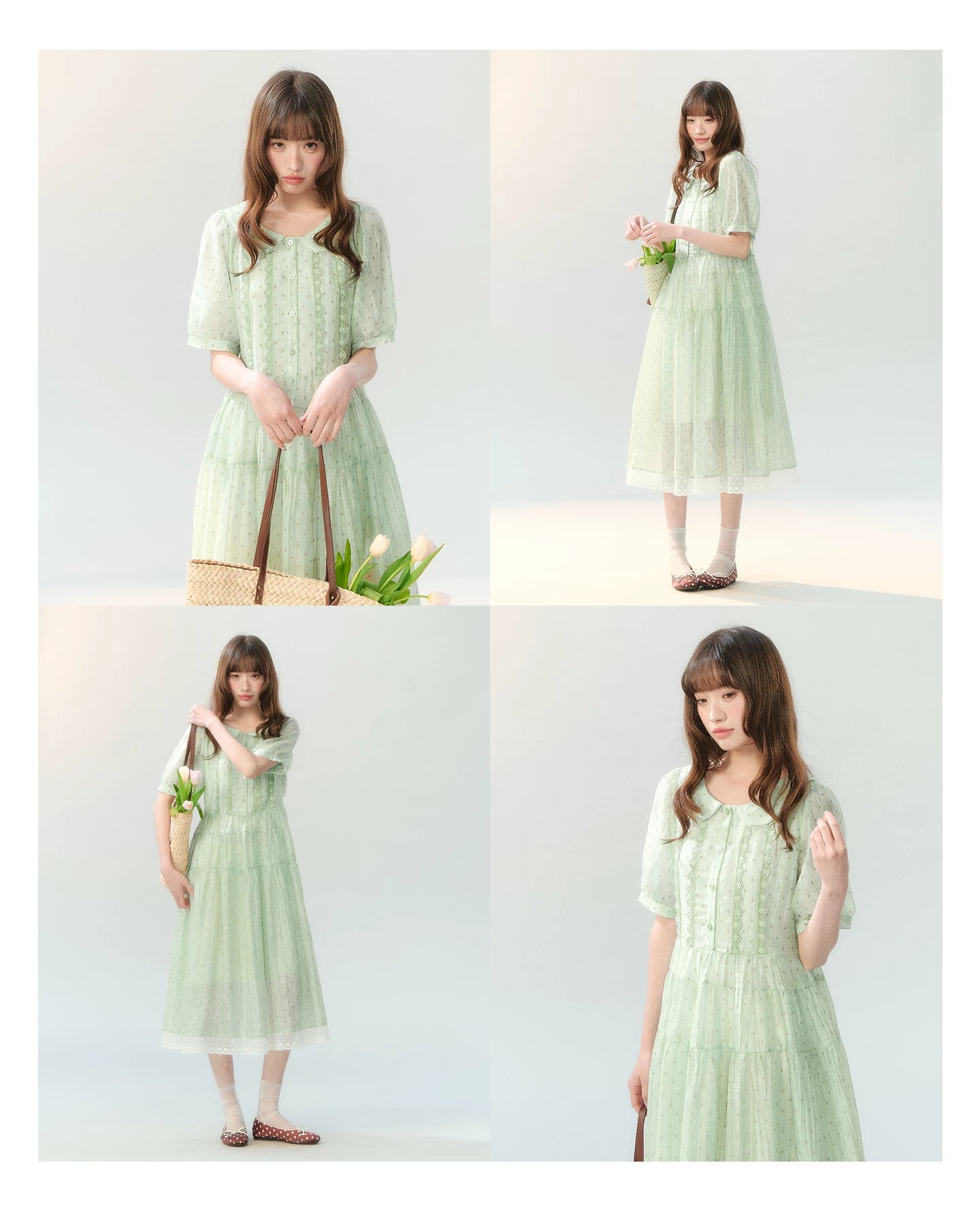 "Hyacinth Ballad" Sage Green Polka Dot Tiered Dress LL2026210
