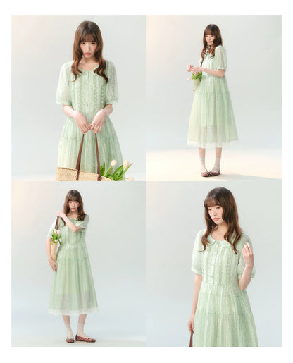 "Hyacinth Ballad" Sage Green Polka Dot Tiered Dress LL2026210
