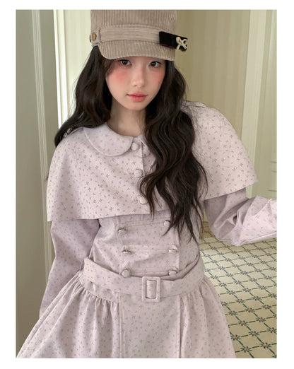 [RF] “Taro Cloud” Pink Double-Breasted Waist-Defined Cape Coat