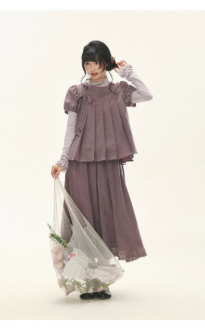 "Whispers Between Pleats" Gray Grape Purple Pleated Top & Maxi Skirt Set