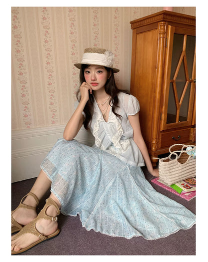 “Blue Breeze Sonata” Blue Ruffle Lace Blouse