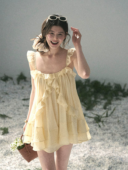 “Tenderly Entwined” Soft Butter Yellow Ruffle Babydoll Dress 4563543