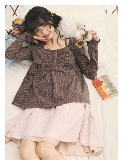 "Sweet Favorite" Polka Dot Faux-Layer Bow Knit Top (Gray Brown/ Blush Pink)