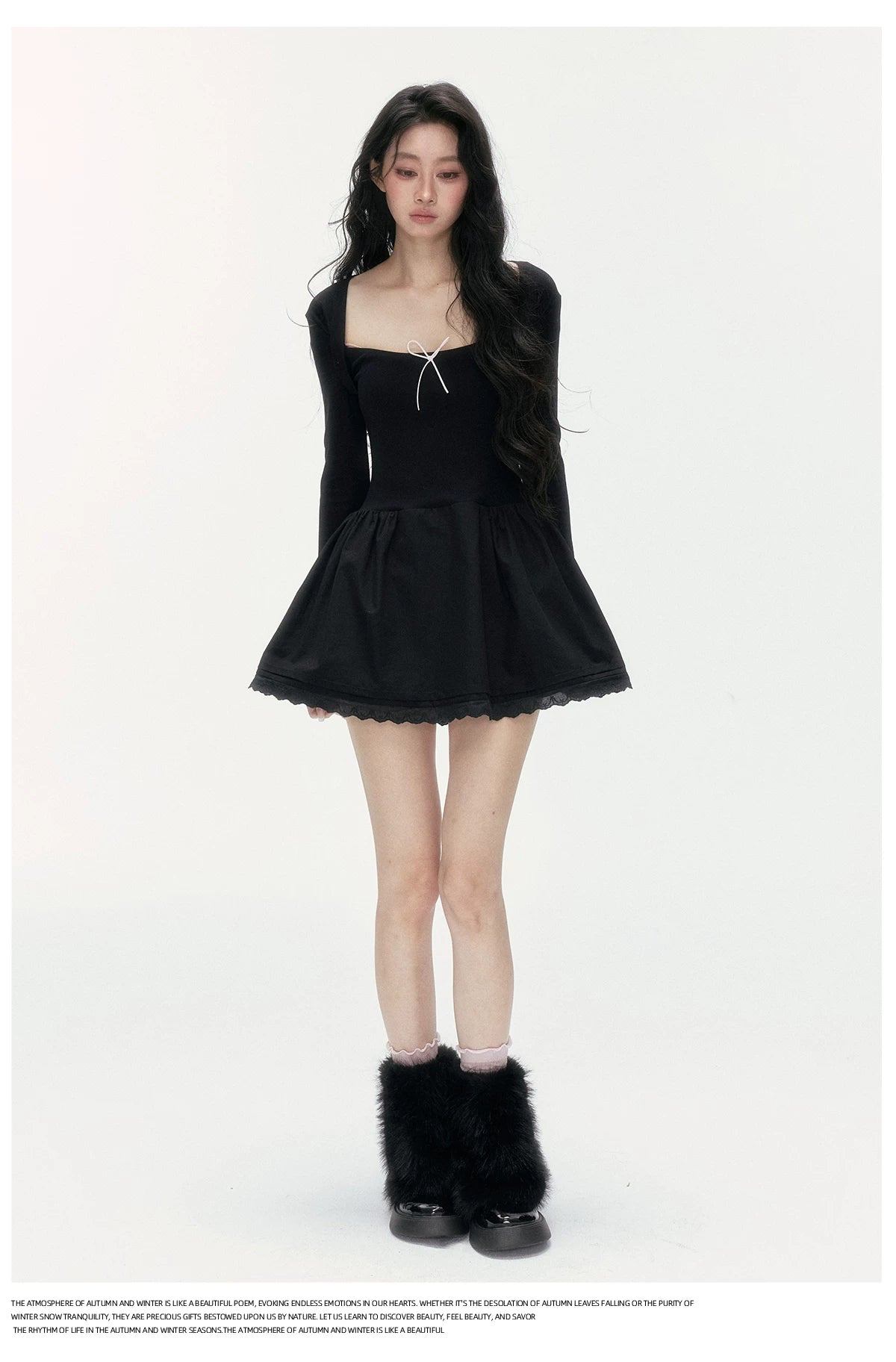 24olvides - Fitted Two-Tone Look Dress with Lace Hem and Bow Detail