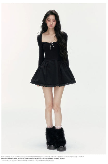 24olvides - Fitted Two-Tone Look Dress with Lace Hem and Bow Detail