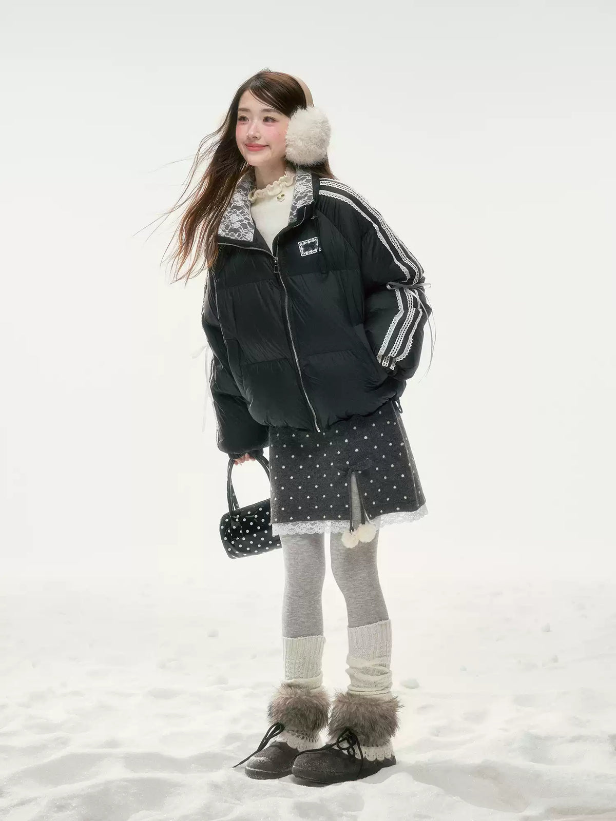 BIBIBENCY - Black Lace-Trimmed 90% White Duck Down Puffer Jacket
