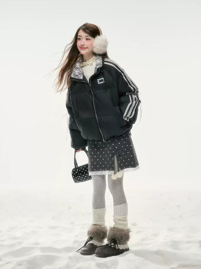 BIBIBENCY - Black Lace-Trimmed 90% White Duck Down Puffer Jacket