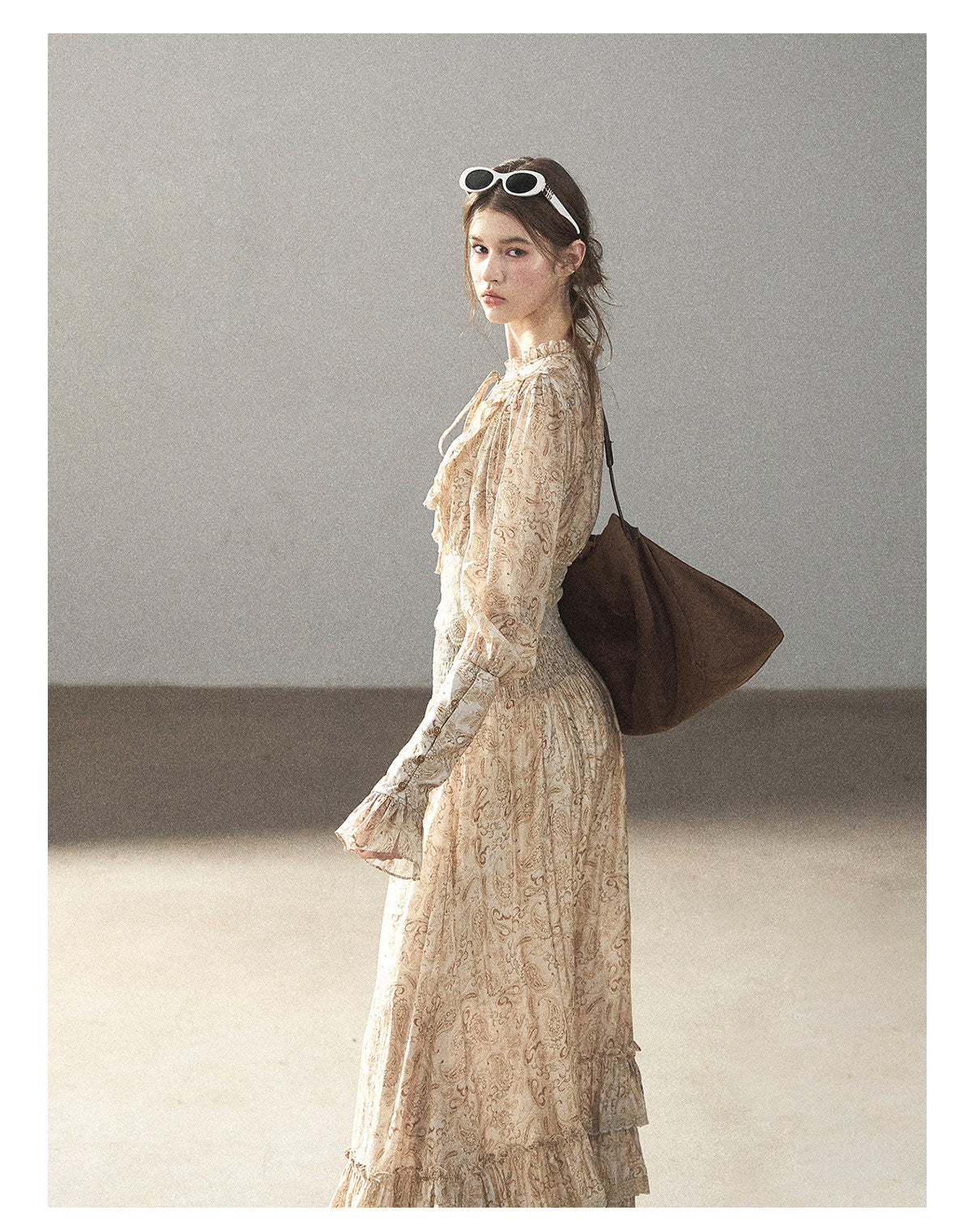 170726 "Growing an Autumn Breeze" Milk Tea Floral Blouse & Maxi Skirt Set