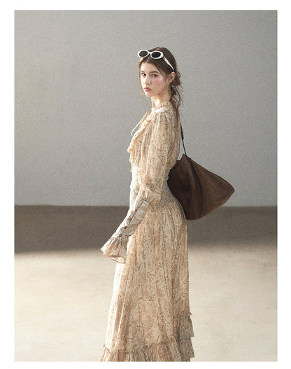 170726 "Growing an Autumn Breeze" Milk Tea Floral Blouse & Maxi Skirt Set