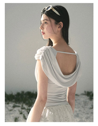 “When the Wind Stole Moonlight” Moonstone Draped Off-Shoulder Top