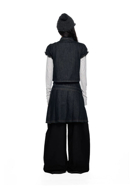 Vintage Peter Pan Collar Puff Sleeve Denim Set