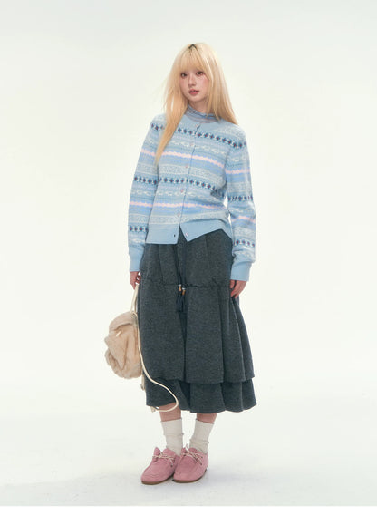 [CAN] Blue Fair Isle Cropped Wool Cardigan (100% Sheep Wool)