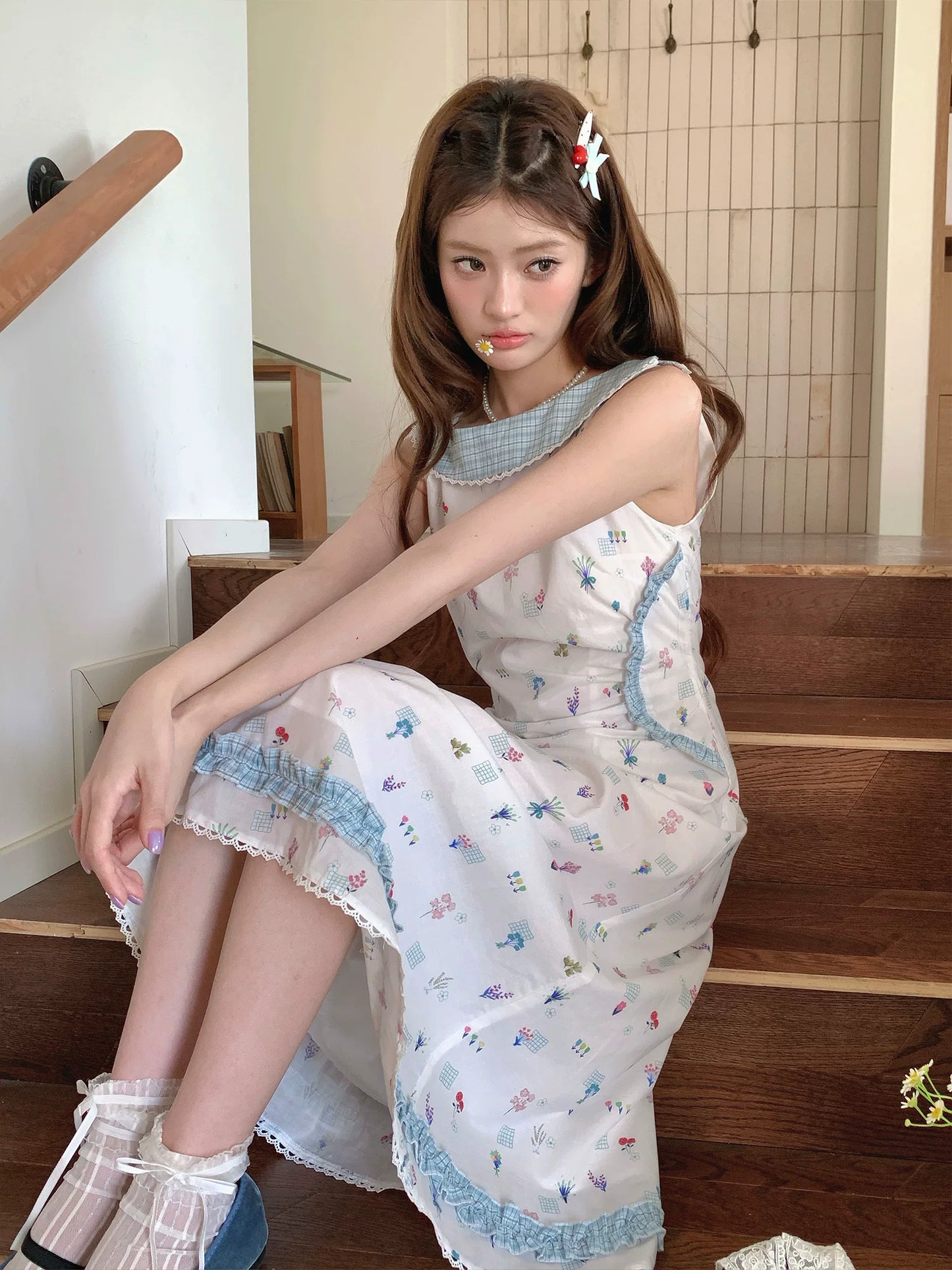 “Blue Meadow Letter” Misty Blue Floral Maxi Dress