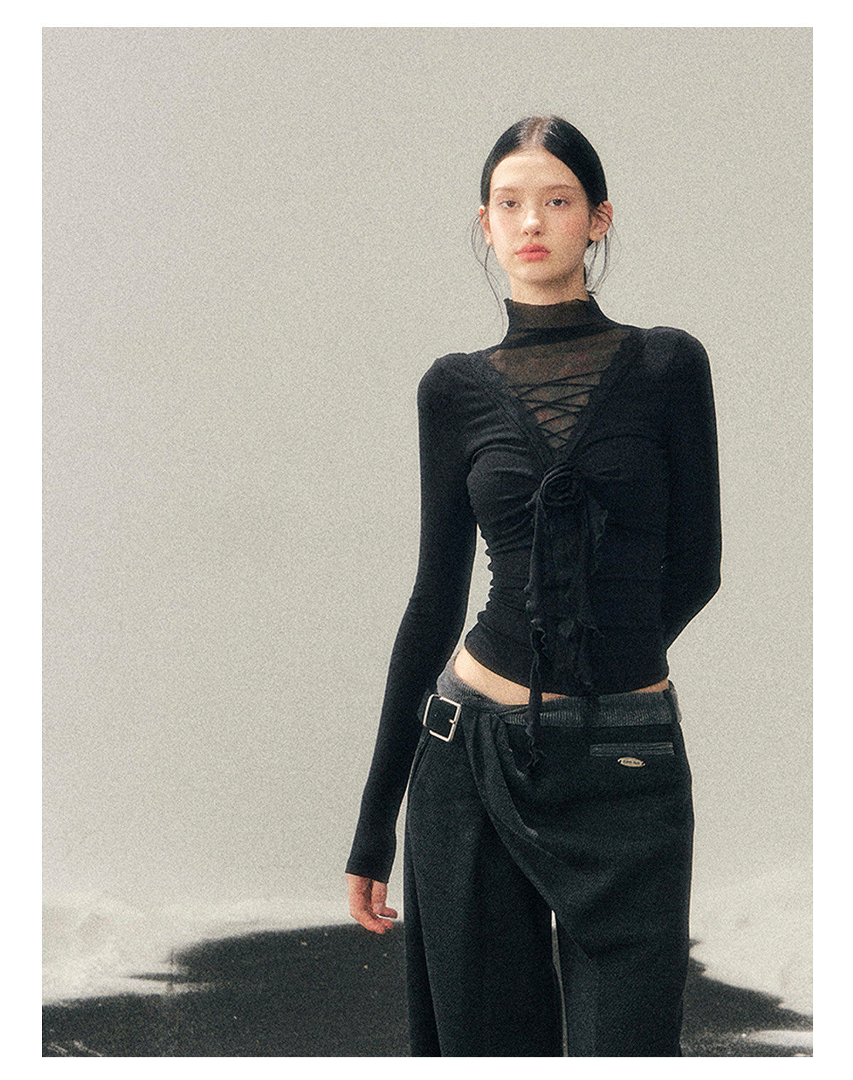 少也眼 “Vanishing Curve” Sheer Lace Turtleneck Base Top - Black