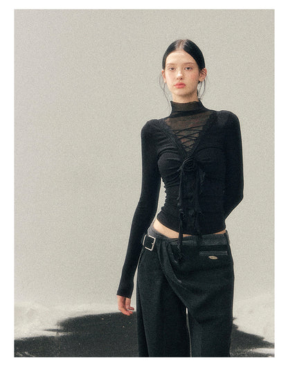 少也眼 “Vanishing Curve” Sheer Lace Turtleneck Base Top - Black