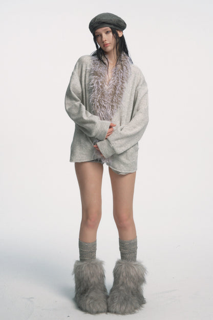 Muirgen - Ice Grey Waffle-Knit Wool Cardigan Jacket with Faux Fur Collar