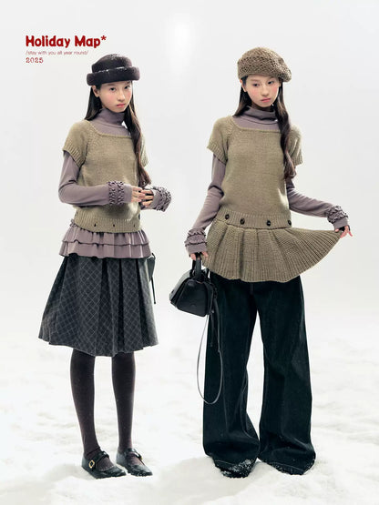 "Lavender Mist" Smoky Mauve Ruffle Ruched Turtleneck Knit Top