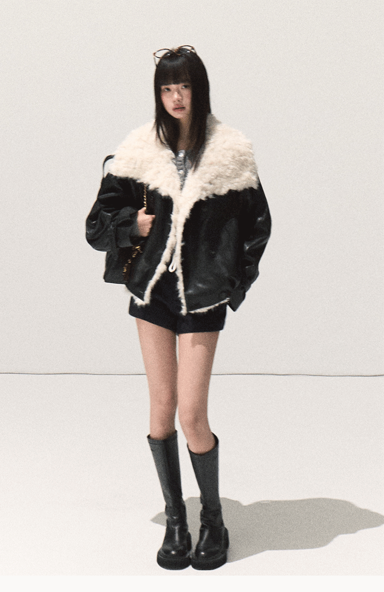 OAKMOO/ "A Night Under the Osmanthus Tree" Rich Black Lambswool-Trimmed Cropped Leather Jacket (Rich Black / Hazel Khaki)