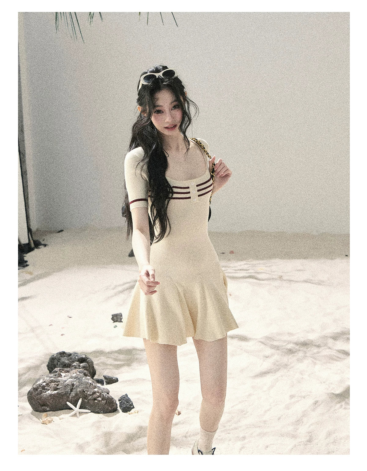 "First Date" Ivory Square Neck Knit Pleated Mini Dress