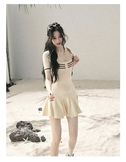 "First Date" Ivory Square Neck Knit Pleated Mini Dress