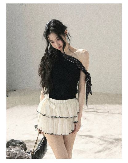 "Morning Dew & Evening Breeze" Midnight Black One-Shoulder Polka Dot Crop Top