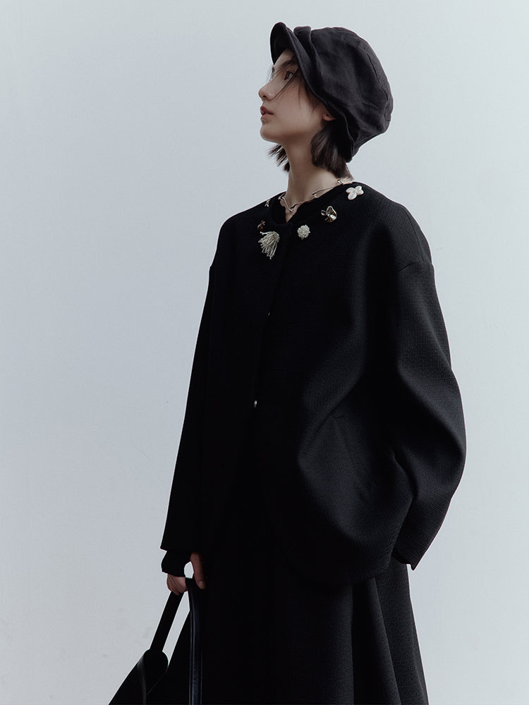 FUSSED Curious Museum Wool Tweed Jacket – Art Button Embellished in Elegant Black FOF-25SS131