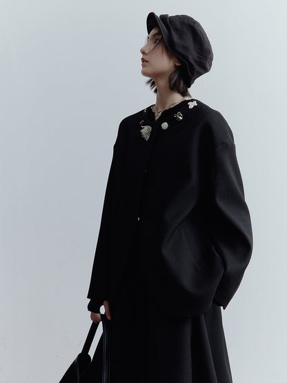 FUSSED Curious Museum Wool Tweed Jacket – Art Button Embellished in Elegant Black FOF-25SS131