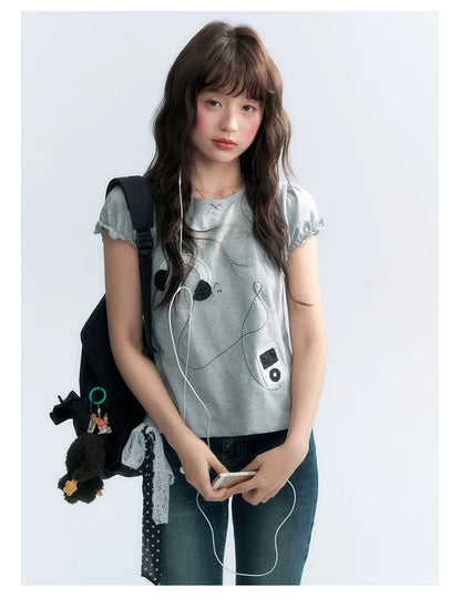 "Walkman Days" Retro Appliqué Puff Sleeve Tee
