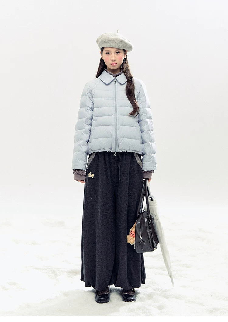 "Bunny Tea Party" Fleece-Lined Balloon Wide-Leg Pants (Hazelnut Brown/ Midnight Gray)
