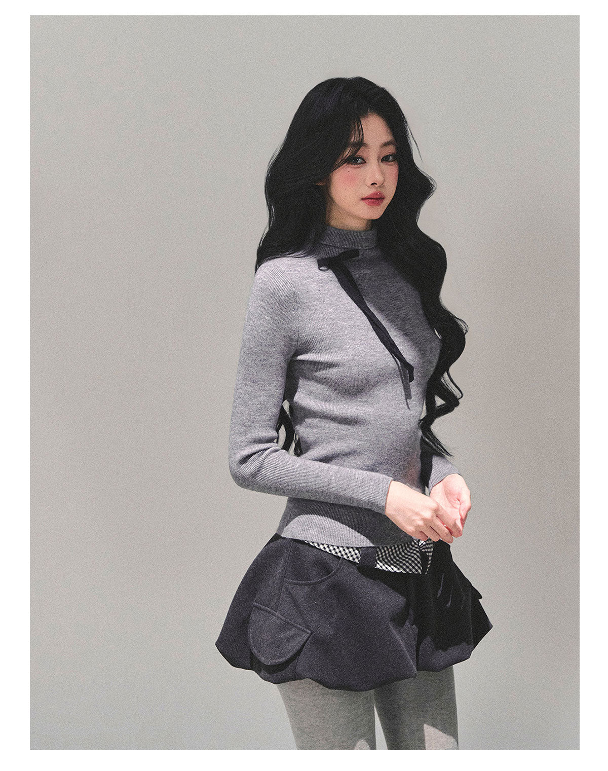 少也眼 “Velvet Touch” Semi-Turtleneck Long Sleeve Knit Top - Gray 586255478