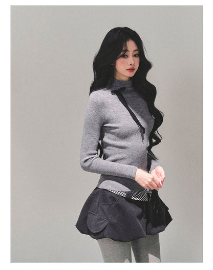 少也眼 “Velvet Touch” Semi-Turtleneck Long Sleeve Knit Top - Gray 586255478