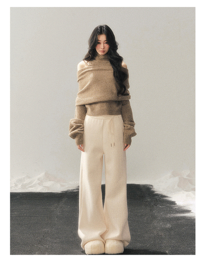 少也眼 "Echo of Sunset" Off-Shoulder Turtleneck Knit Two-Piece Set