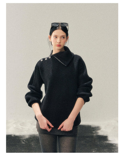 少也眼 "Dark Undertow in Zero Gravity" High-Neck Structured Knit Top