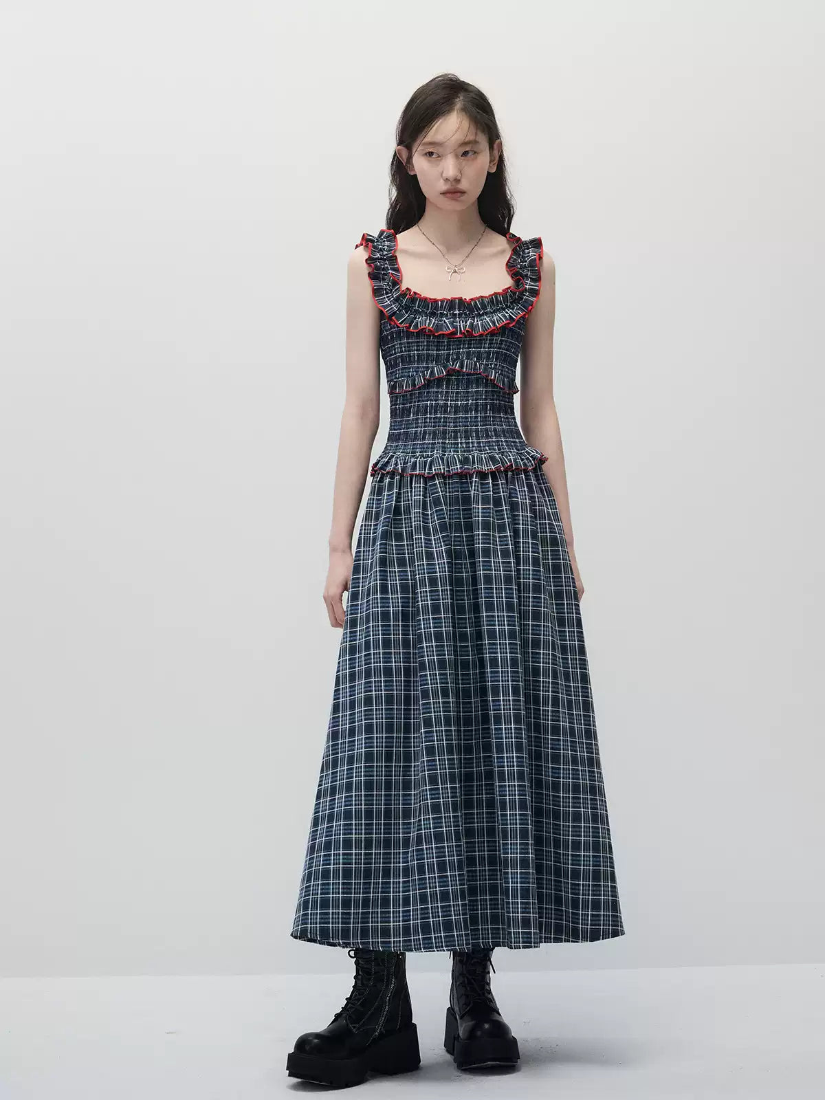 Navy Blue Plaid Off-Shoulder Maxi Dress with Red Contrast Trim