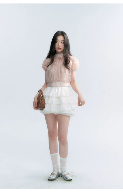 Vintage Stand Collar Bow Puff Sleeve Waist-Cinching Blouse with Knit Cami Set