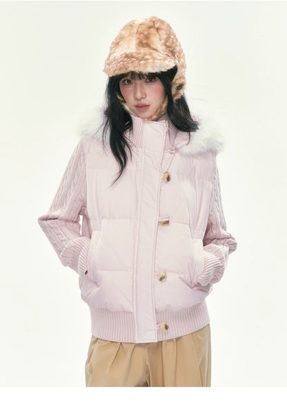 CAN - "The Macaron Affair" Cable-Knit Collar Puffer Jacket (Water Blue / Light Pink)