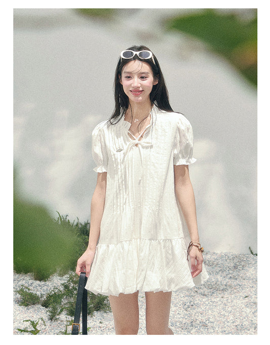 “Soft Pleats in Motion” Camellia White Bubble Mini Dress