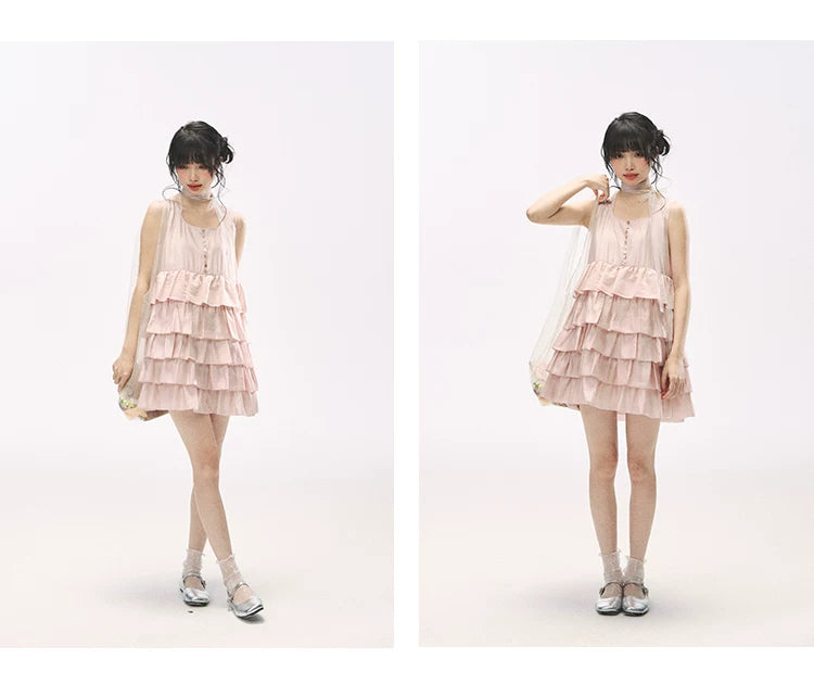 "Misty Pink Reverie" Petal Pink Lace Tie Tiered Sleeveless Dress