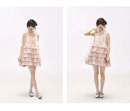 "Misty Pink Reverie" Petal Pink Lace Tie Tiered Sleeveless Dress