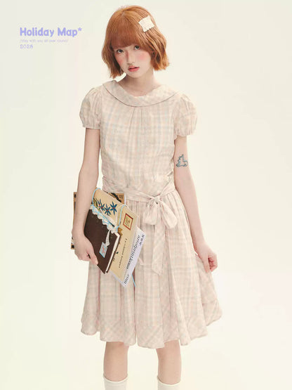 "Showa Girl" Vintage Plaid Floral Print Peter Pan Collar Bow Waist-Defined A-Line Dress