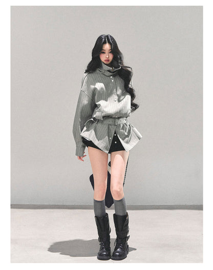 少也眼 “St. Martin Academy” French-British Striped High-Neck Jacket with Belt – Gray 94161