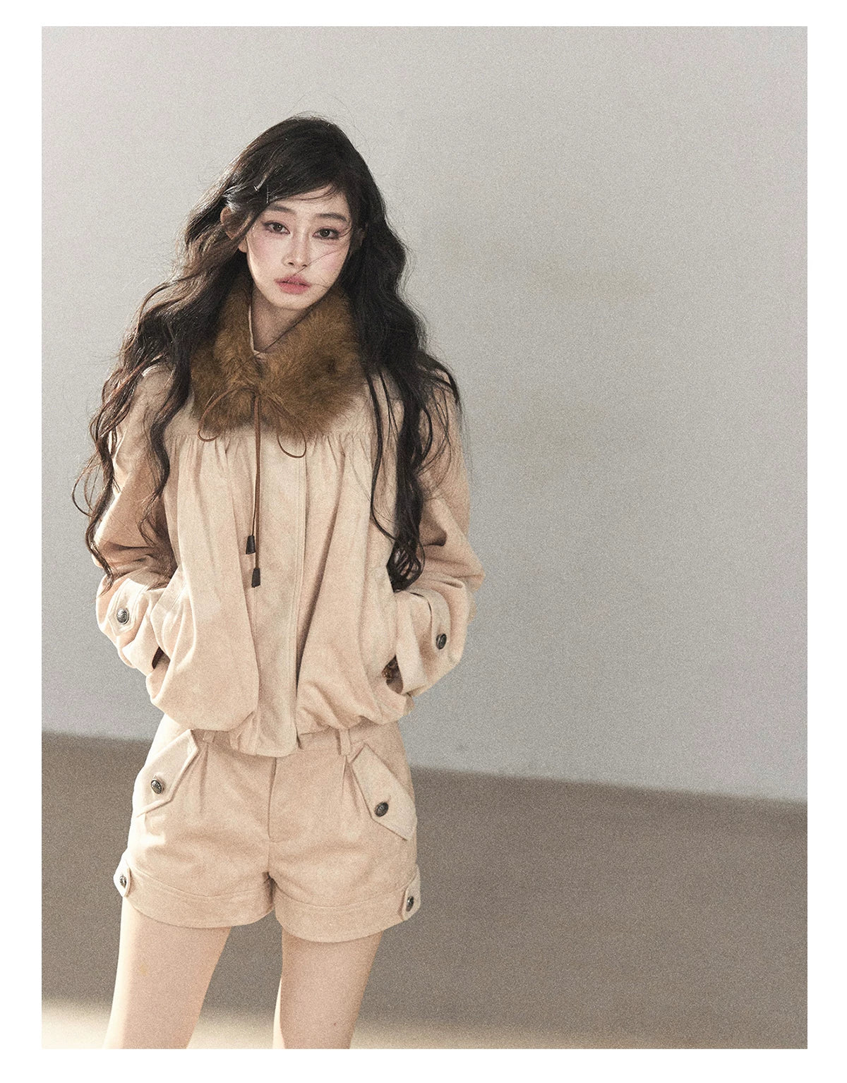AOMALM - Mauve Faux Suede Jacket & Cargo Shorts Set