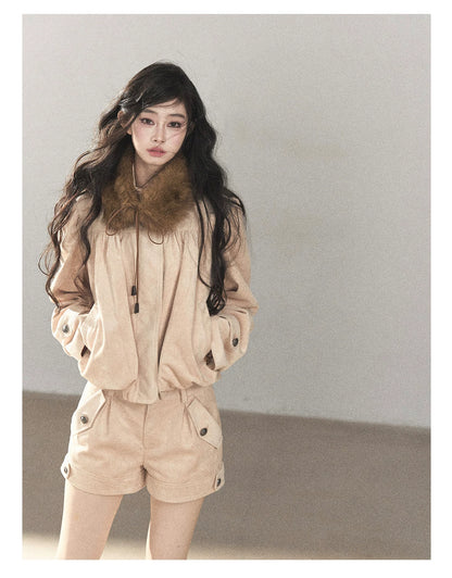 AOMALM - Mauve Faux Suede Jacket & Cargo Shorts Set