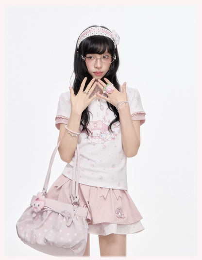 “Melody Blossom” Pink Floral Polo & Layered Skort Set
