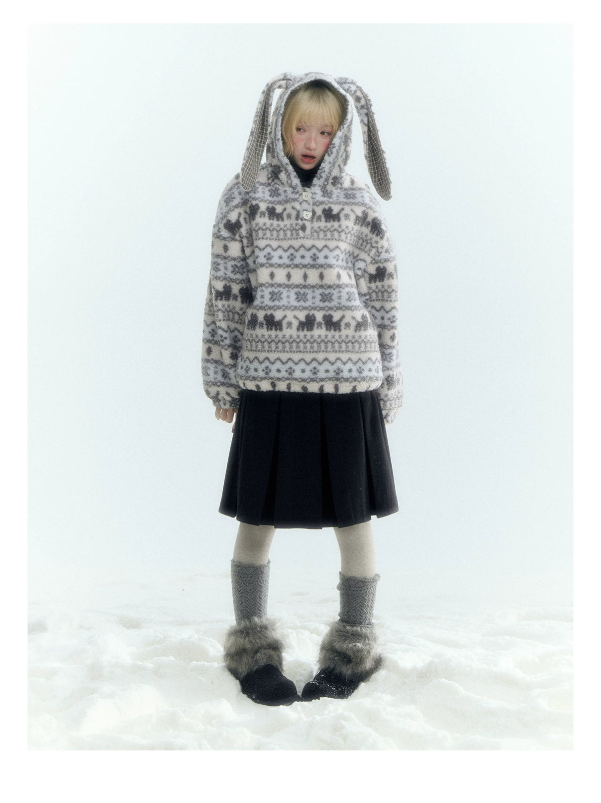 Horridale - Pink Fair Isle Cat Sherpa Fleece Hoodie with Bunny Ears