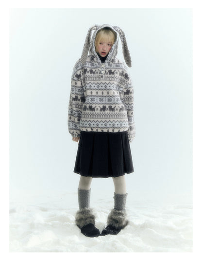 Horridale - Pink Fair Isle Cat Sherpa Fleece Hoodie with Bunny Ears