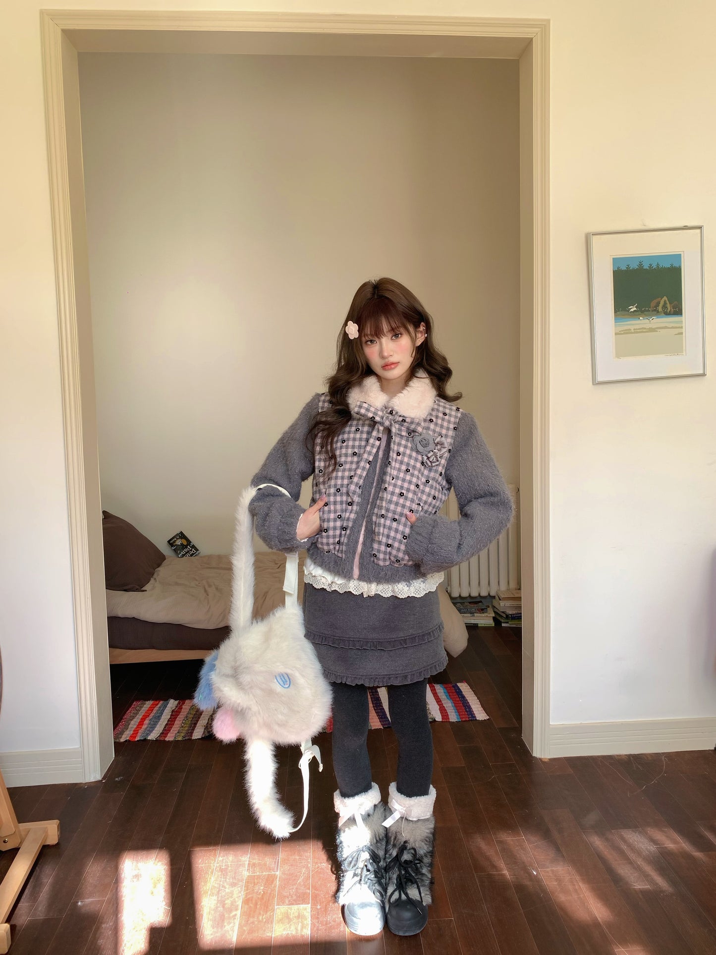 阮阮自制 - Soft Ruffle Dark Gray Tweed Skirt