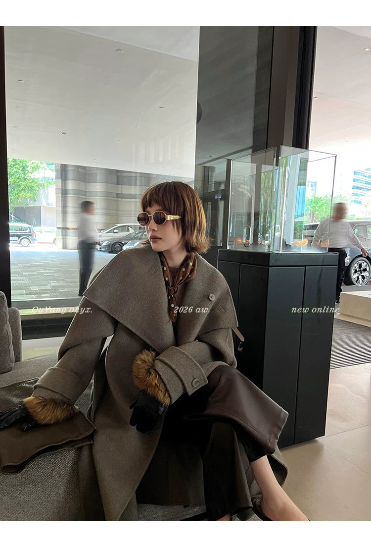 QuQuOuYang - 100% Wool Double-Face Belted Coat with Convertible Collar