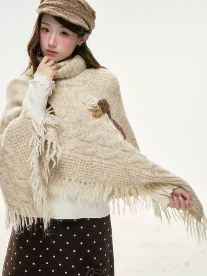 BIBIBENCY - Ivory Knit Cape Shawl with Fringe Trim
