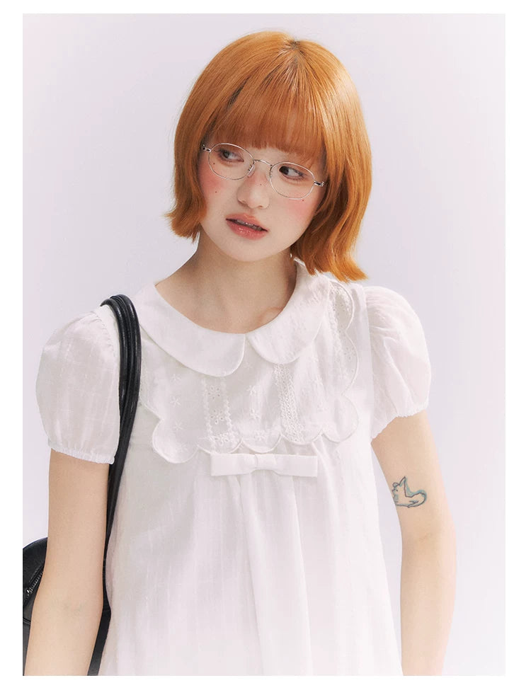 “Lace Sleep Song” White Embroidered Puff Sleeve Babydoll Dress